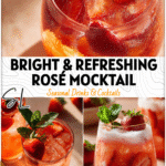 Beautiful glass of Strawberry Rosé Mocktail garnished with fresh strawberries and mint, a colorful Non Alcoholic Drink Recipe.